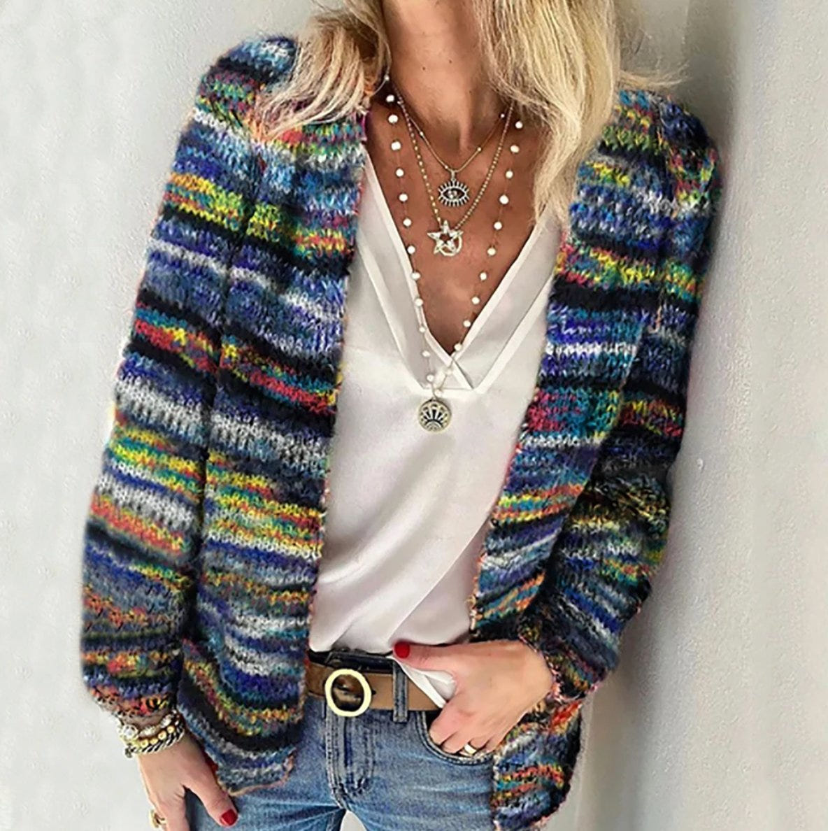 Mariel | Women's Cardigan Multicolour Knit Open Front Long Sleeve