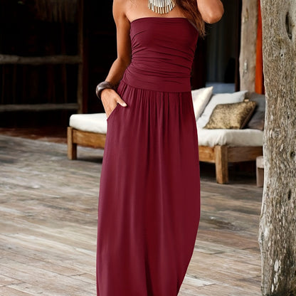 Talia | Women's Bandeau Strapless Ruched Summer Maxi Dress
