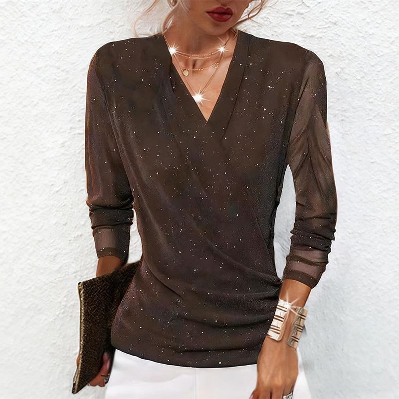 Ophelia | Women's Draped V Neck Sparkle Long Sleeve Going Out Top