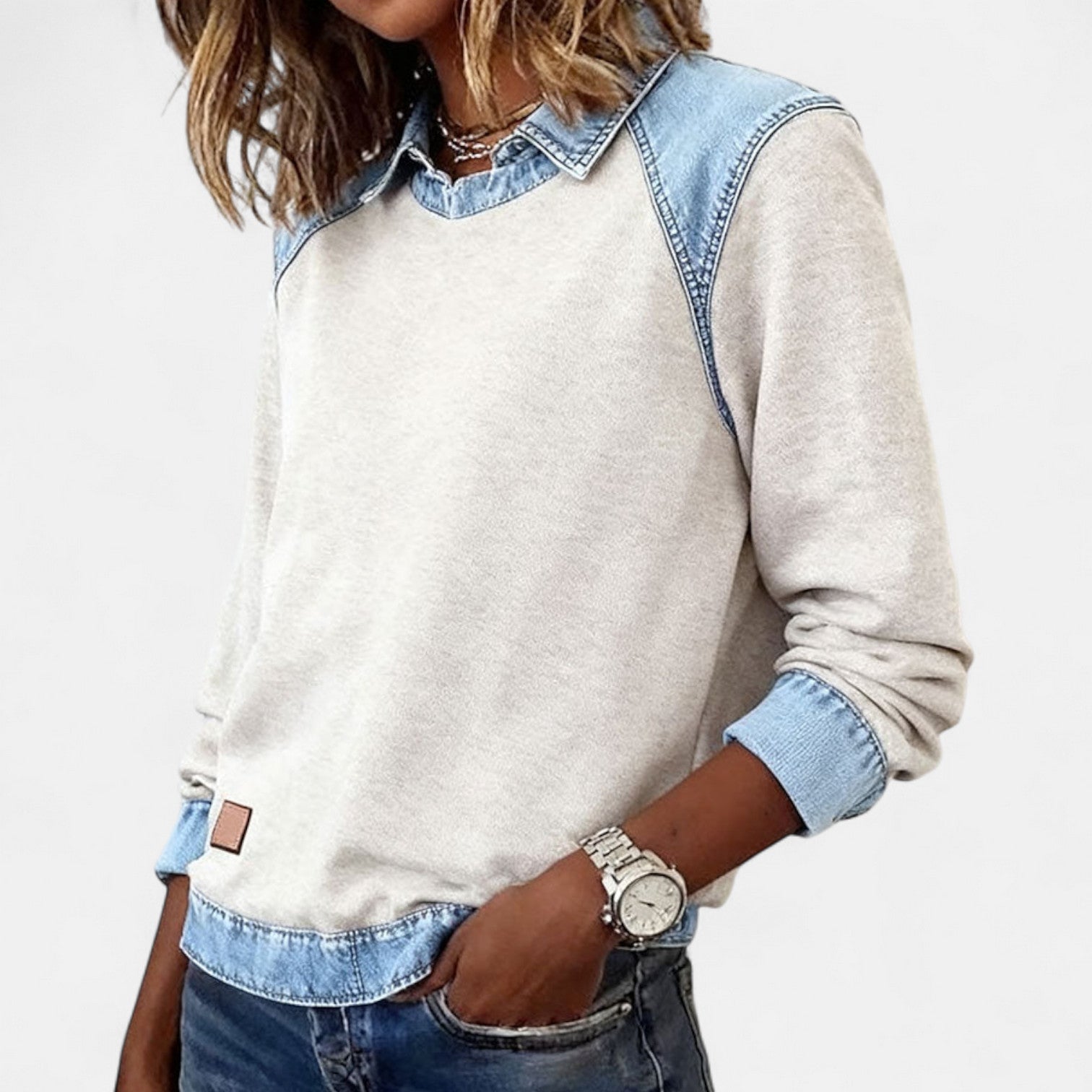 Delaney | Women's Collared Denim Contrast Long Sleeve Jumper