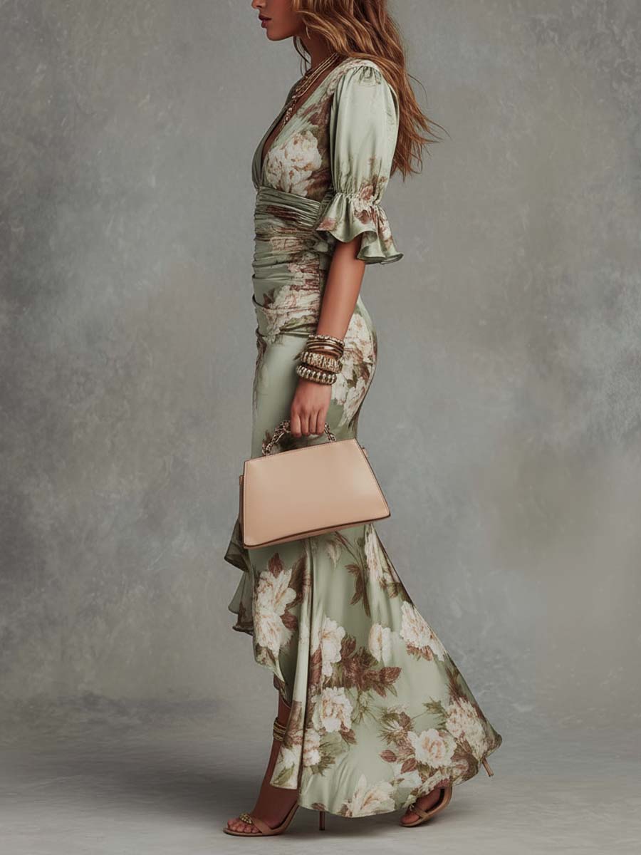 Vesper | Women's Floral V-Neck Flutter Sleeve Ruched Satin Maxi Dress