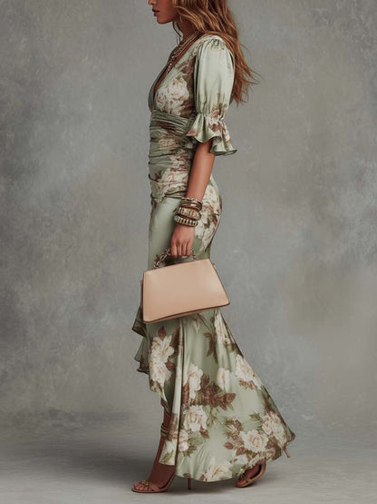 Vesper | Women's Floral V-Neck Flutter Sleeve Ruched Satin Maxi Dress