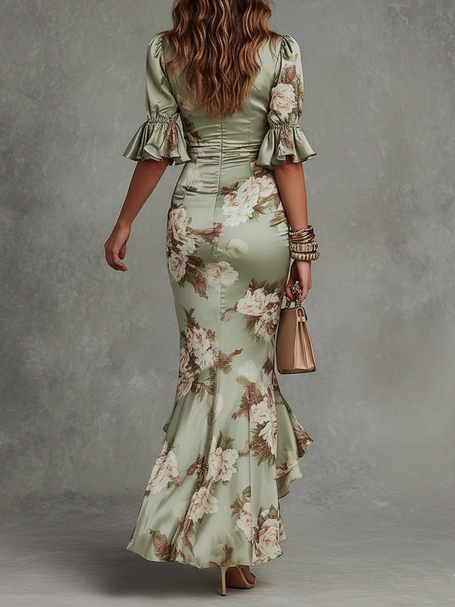 Vesper | Women's Floral V-Neck Flutter Sleeve Ruched Satin Maxi Dress