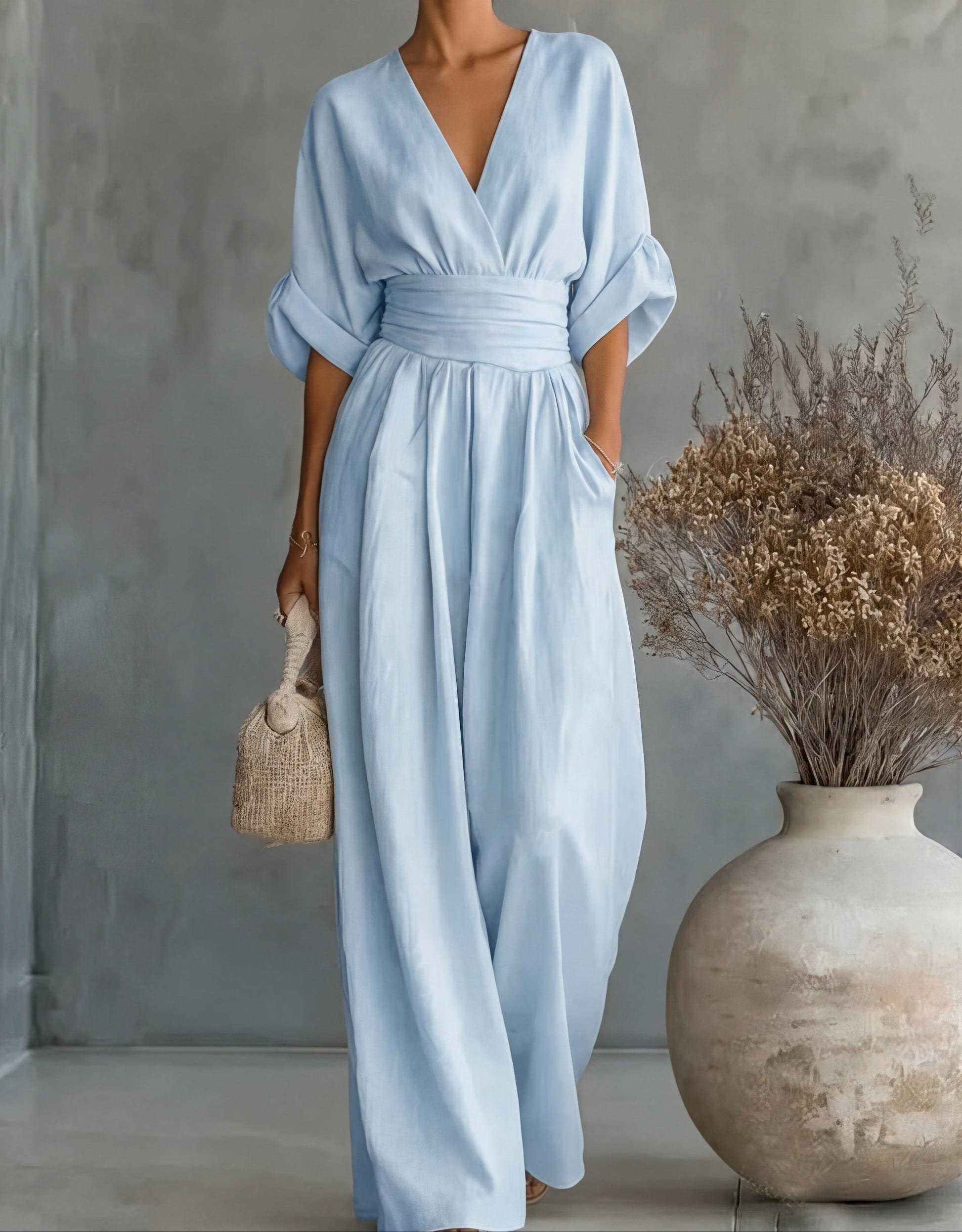 Genevieve | Women's Elegant V-Neck Wide Leg Wedding Guest Jumpsuit
