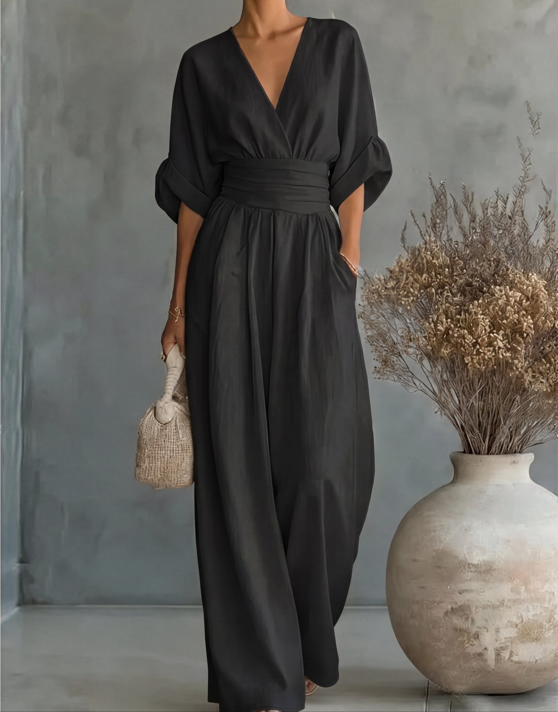 Genevieve | Women's Elegant V-Neck Wide Leg Wedding Guest Jumpsuit