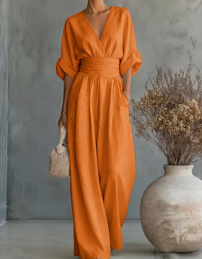 Genevieve | Women's Elegant V-Neck Wide Leg Wedding Guest Jumpsuit