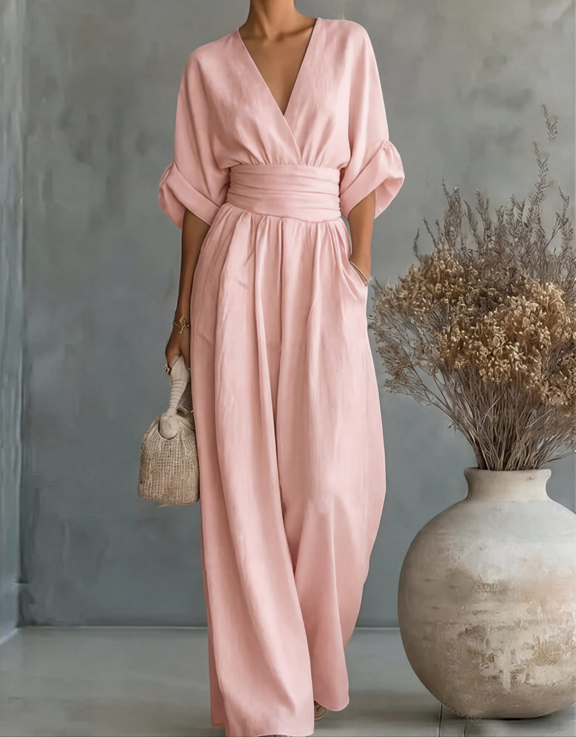 Genevieve | Women's Elegant V-Neck Wide Leg Wedding Guest Jumpsuit