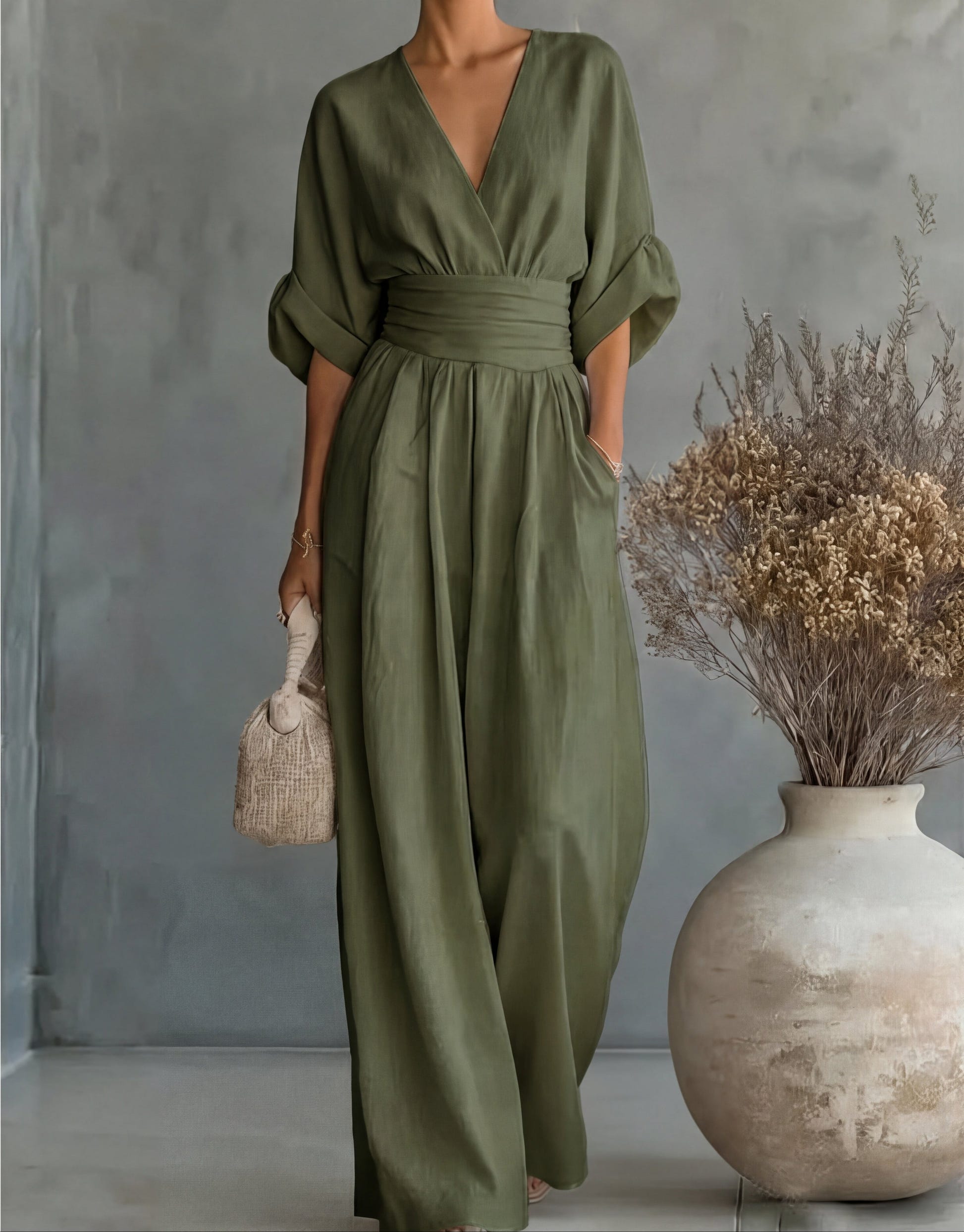 Genevieve | Women's Elegant V-Neck Wide Leg Wedding Guest Jumpsuit