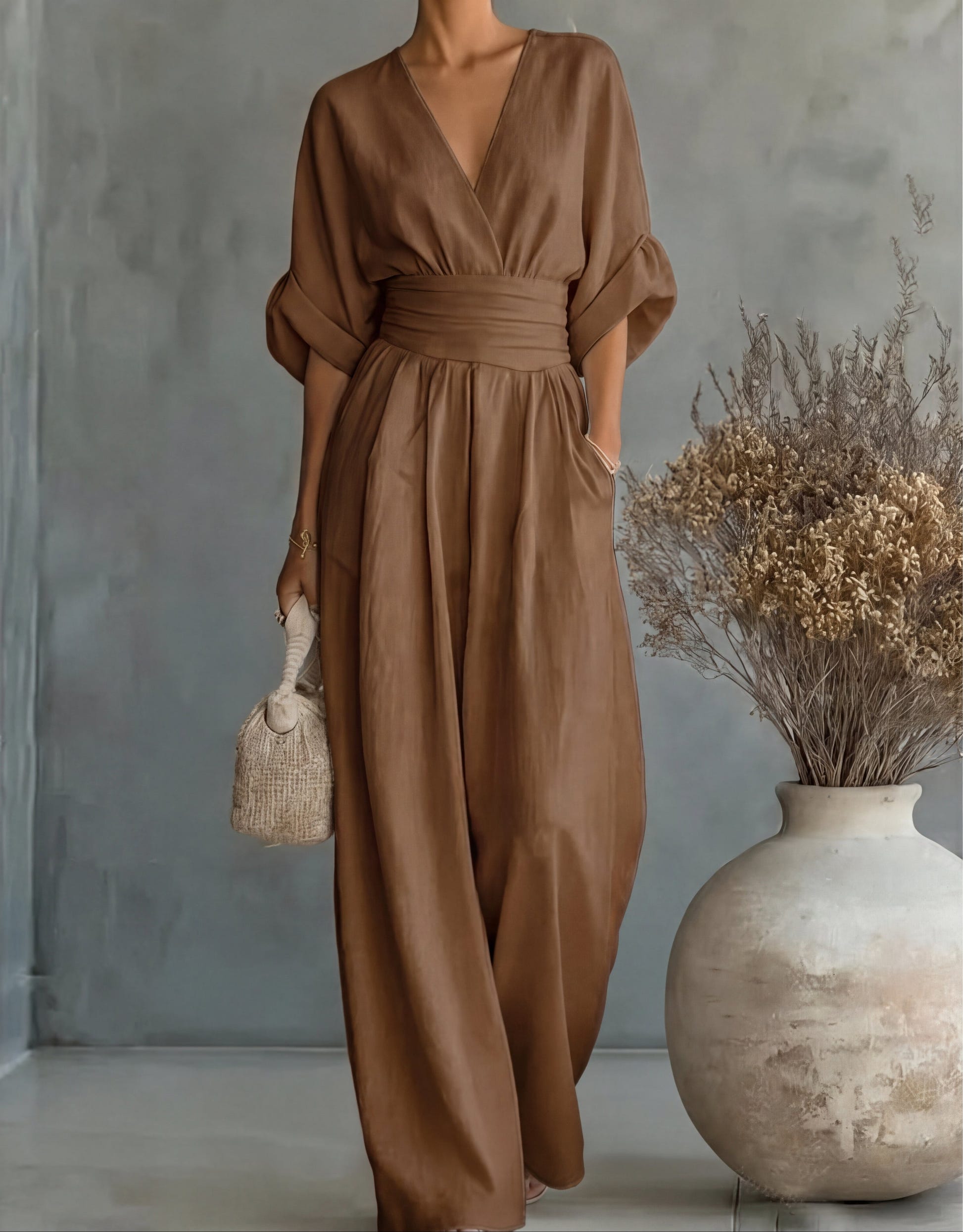 Genevieve | Women's Elegant V-Neck Wide Leg Wedding Guest Jumpsuit