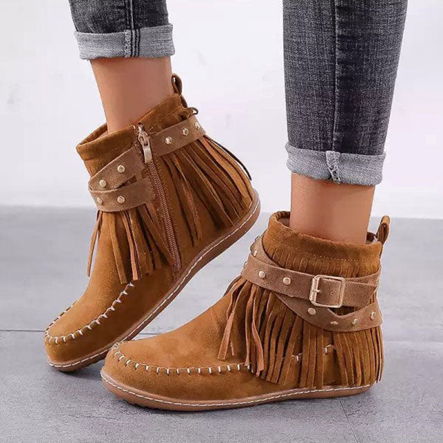 Cynthia | Fringe Studded Buckle Strap Zip Up Flat Ankle Boot