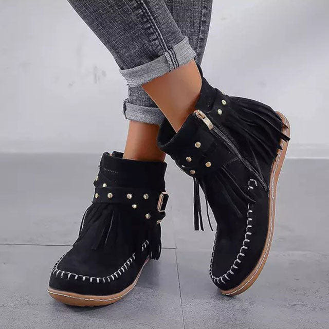 Cynthia | Fringe Studded Buckle Strap Zip Up Flat Ankle Boot