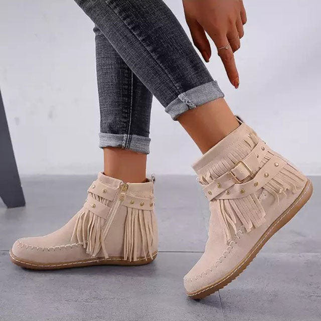 Cynthia | Fringe Studded Buckle Strap Zip Up Flat Ankle Boot
