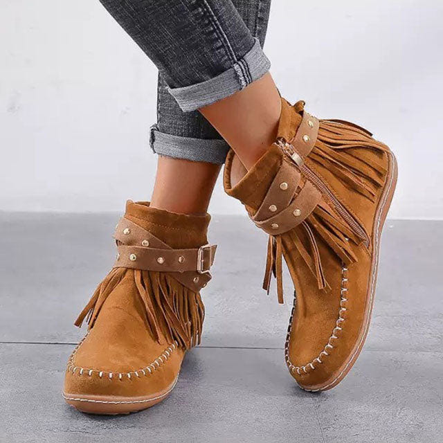 Cynthia | Fringe Studded Buckle Strap Zip Up Flat Ankle Boot