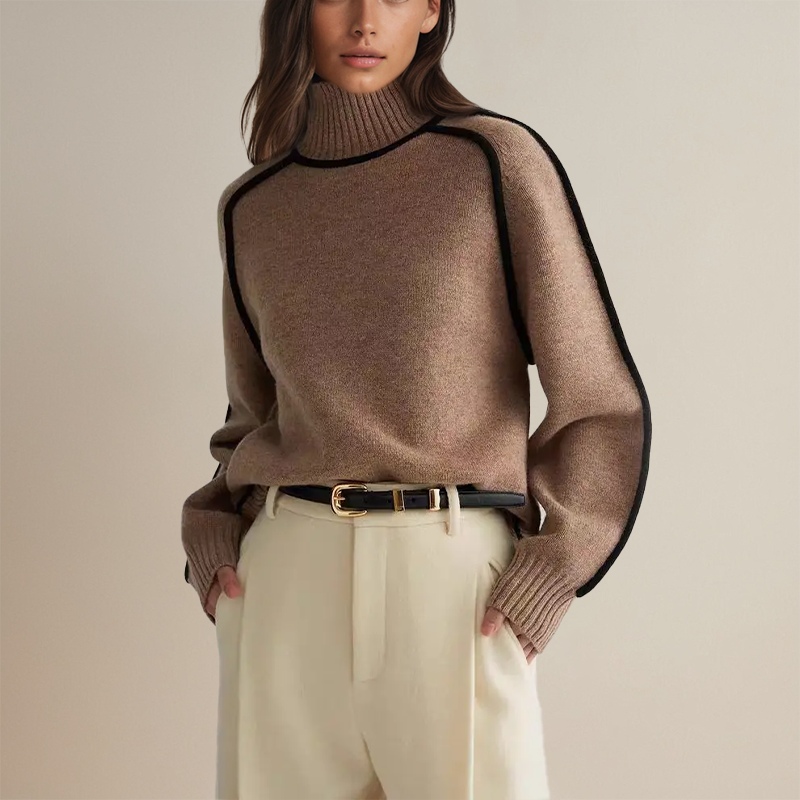 Elowyn | Women's Roll Neck Contrast Trim Knit Jumper