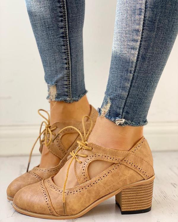 Daphne | Perforated Lace Up Cutout Block Heel Oxford