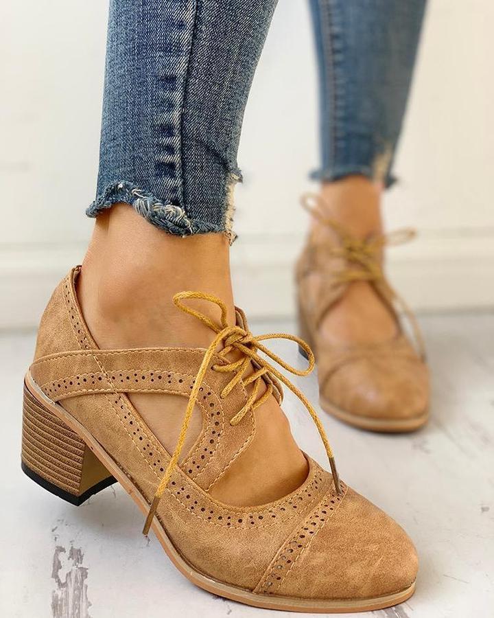 Daphne | Perforated Lace Up Cutout Block Heel Oxford