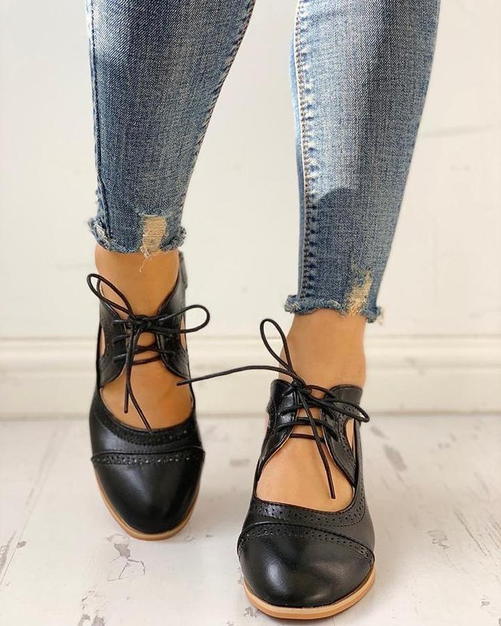 Daphne | Perforated Lace Up Cutout Block Heel Oxford