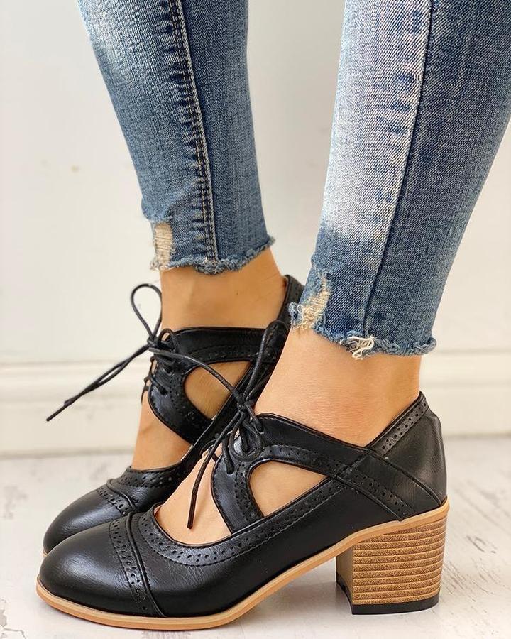 Daphne | Perforated Lace Up Cutout Block Heel Oxford