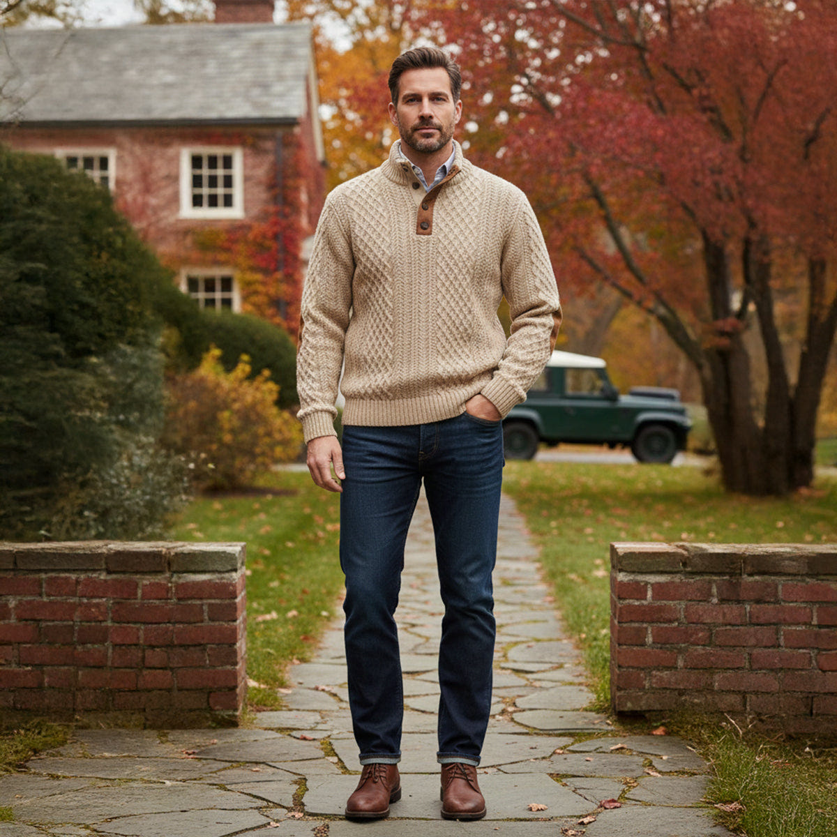 Torvald | Men's Cable Knit High Neck Button Placket Jumper