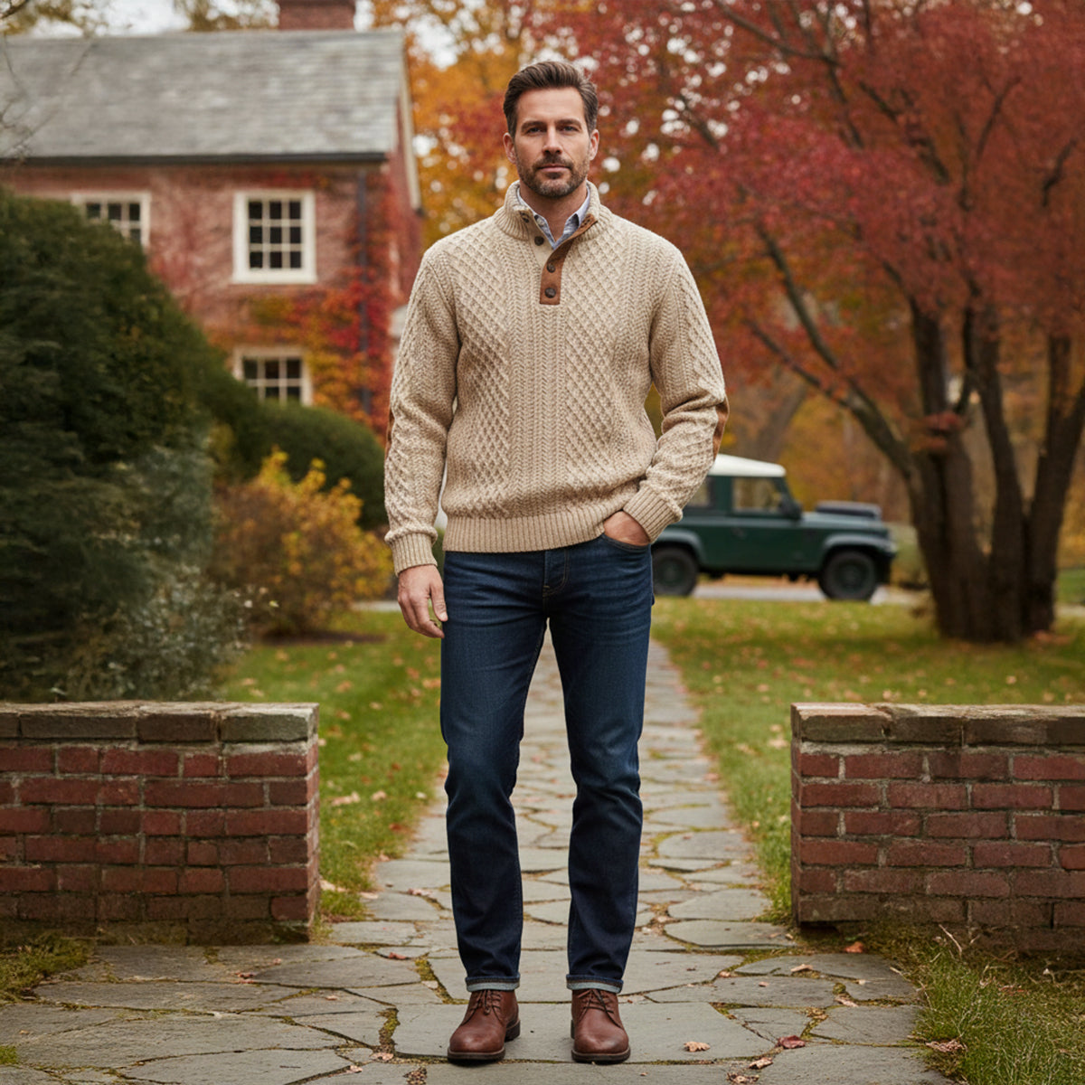Torvald | Men's Cable Knit High Neck Button Placket Jumper