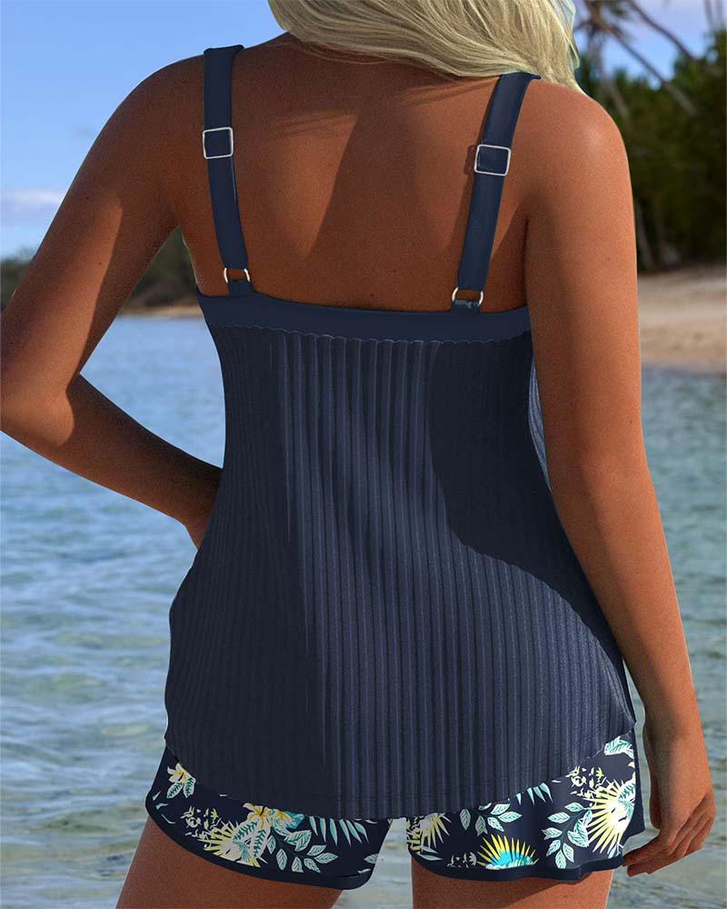 Cassandra | Tankini Set Floral Shorts Ribbed Drawstring Front