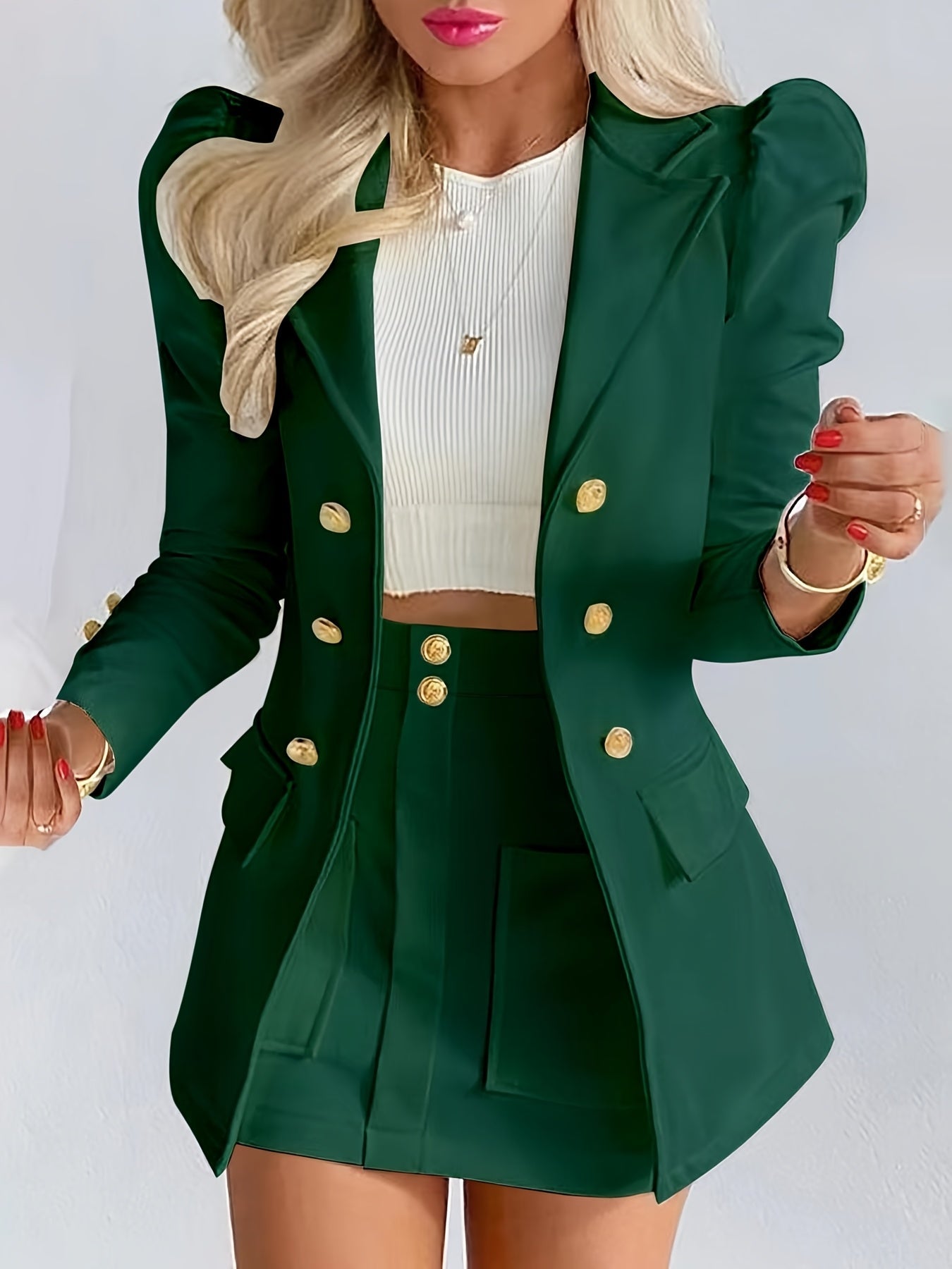 Elodie | Women's Tailored Puff Sleeve Double Breasted Blazer Skirt Two Piece Set