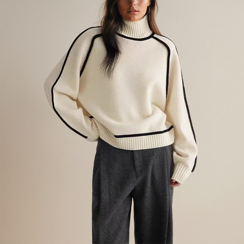 Elowyn | Women's Roll Neck Contrast Trim Knit Jumper
