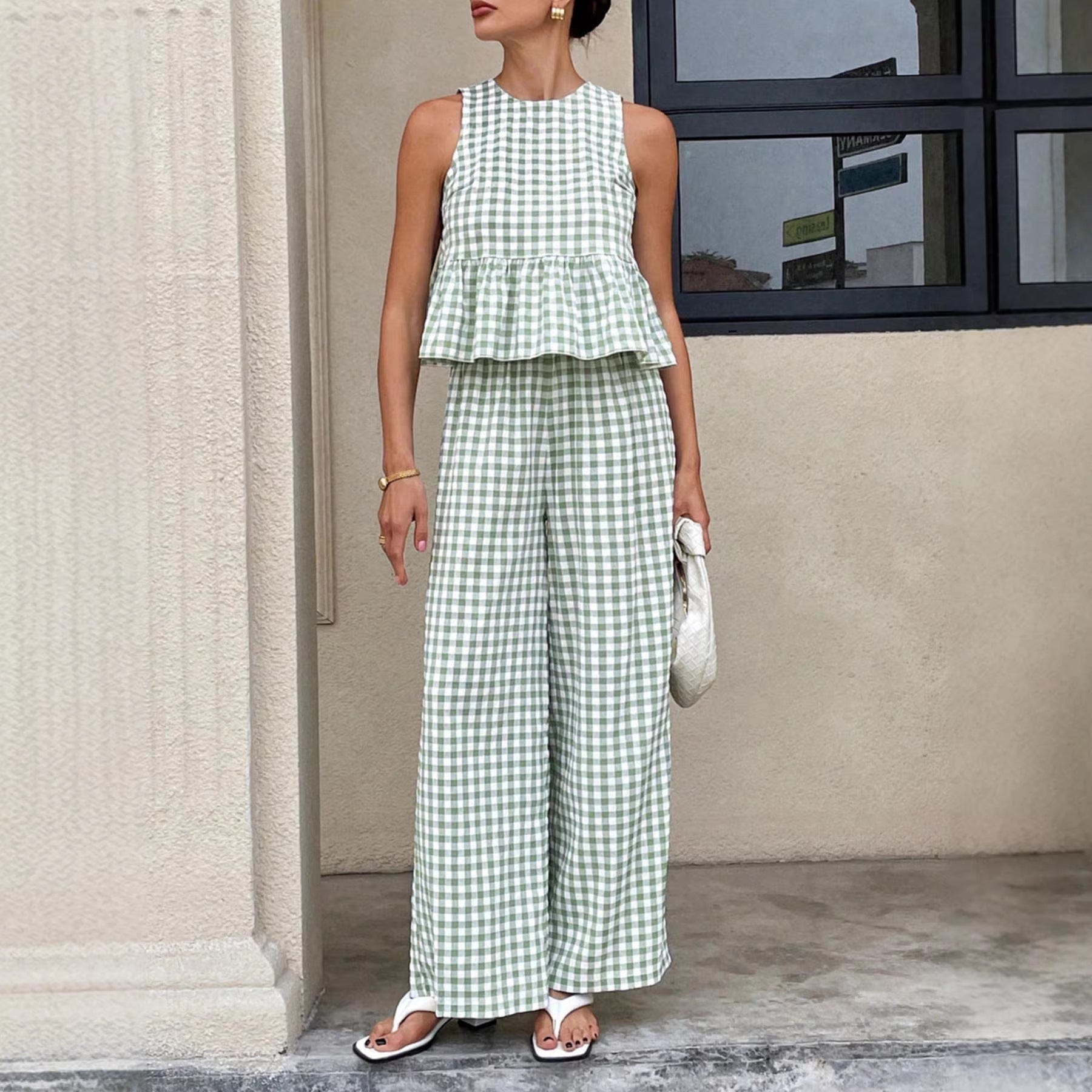 Tessa | Women's Gingham Sleeveless Peplum Top Wide Leg Pants Set