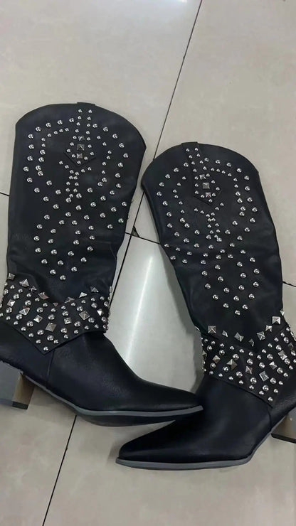 Talwyn | Women's Studded Western Pointed Toe Block Heel Knee-High Boot