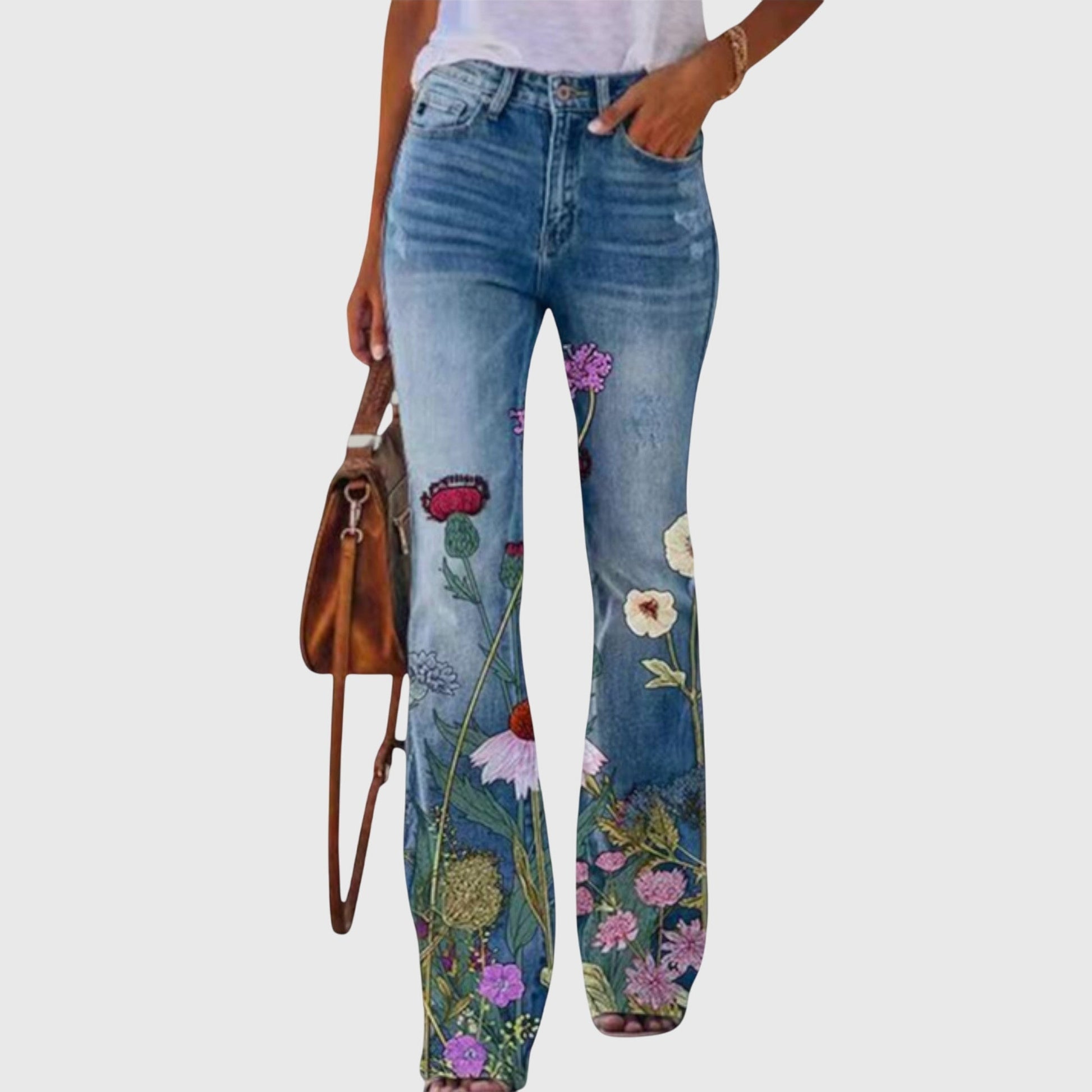Wildflower | Women's High Waisted Floral Print Flared Denim Jeans