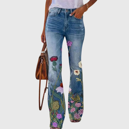 Wildflower | Women's High Waisted Floral Print Flared Denim Jeans