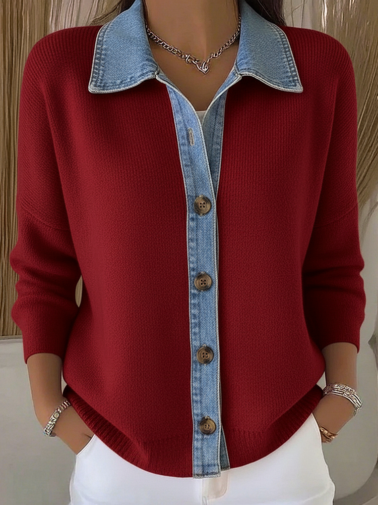 Marlouise | Women's Polo Collar Denim Trim Knit Cardigan