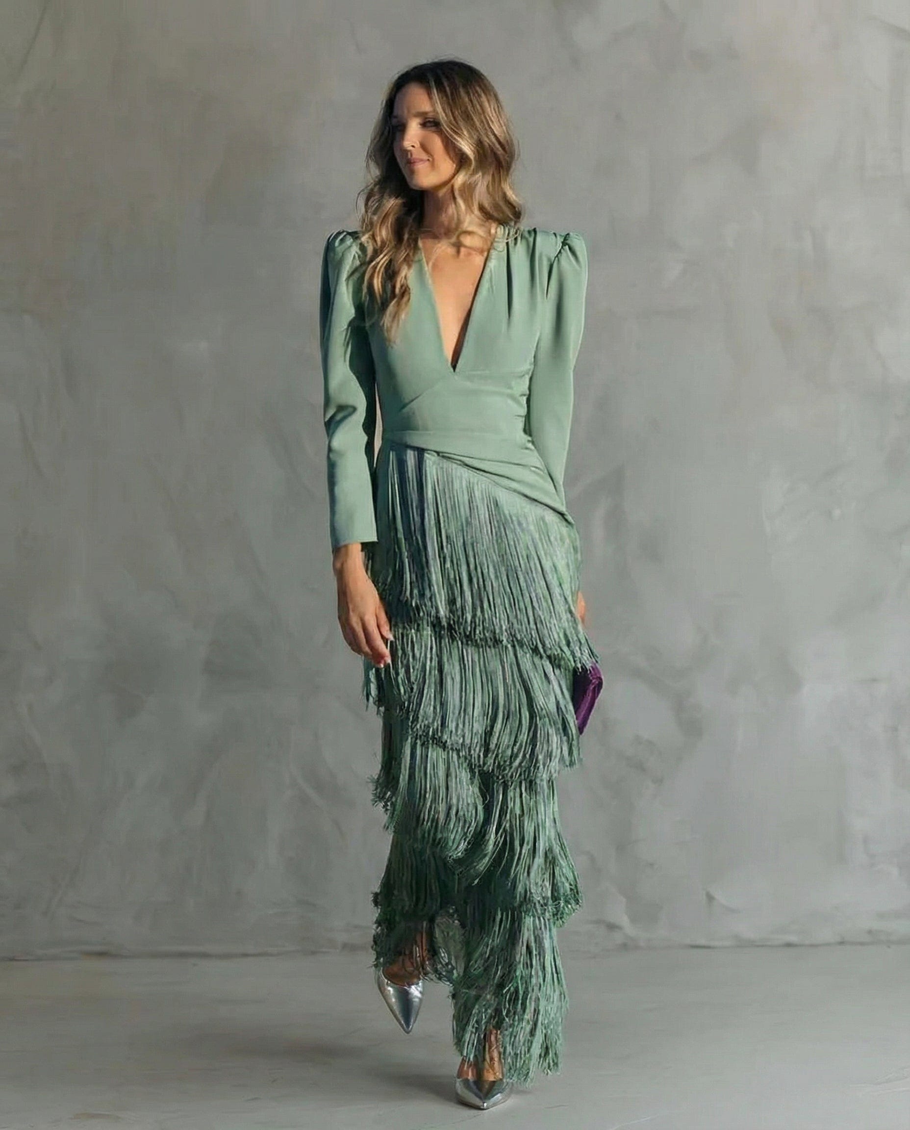 Esmeralda | Deep V Neck Puff Shoulder Long Sleeve Tiered Fringe Elegant Maxi Dress