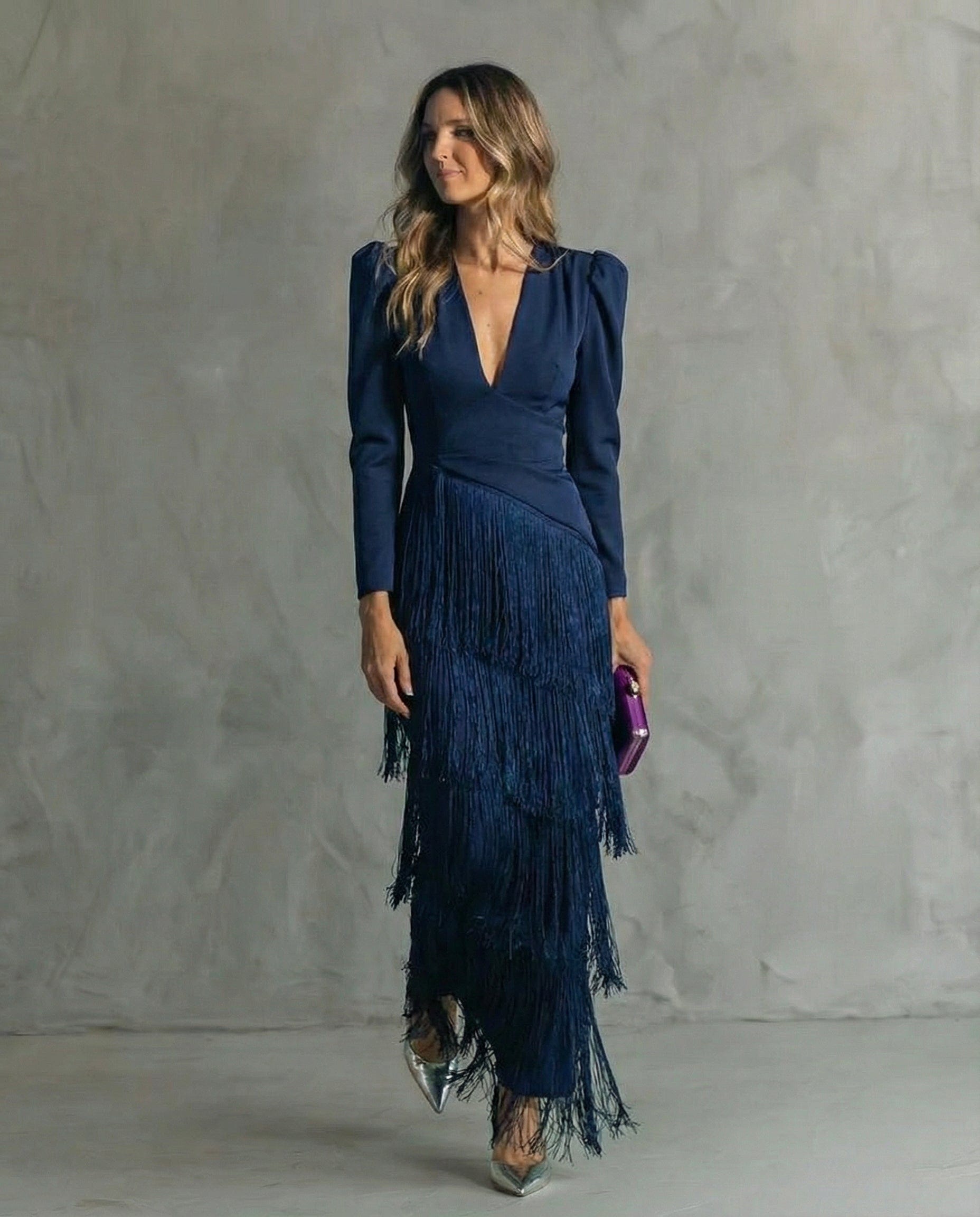 Esmeralda | Deep V Neck Puff Shoulder Long Sleeve Tiered Fringe Elegant Maxi Dress