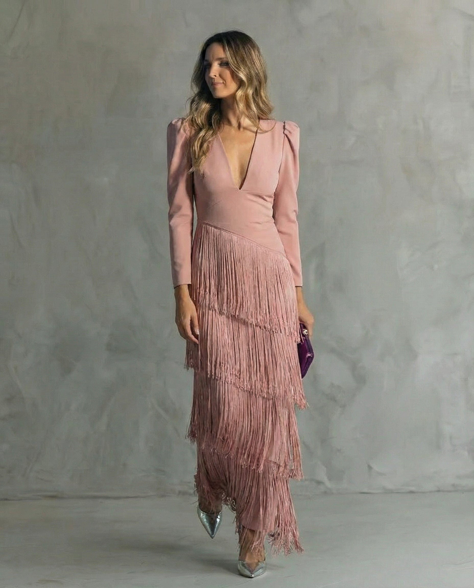 Esmeralda | Deep V Neck Puff Shoulder Long Sleeve Tiered Fringe Elegant Maxi Dress