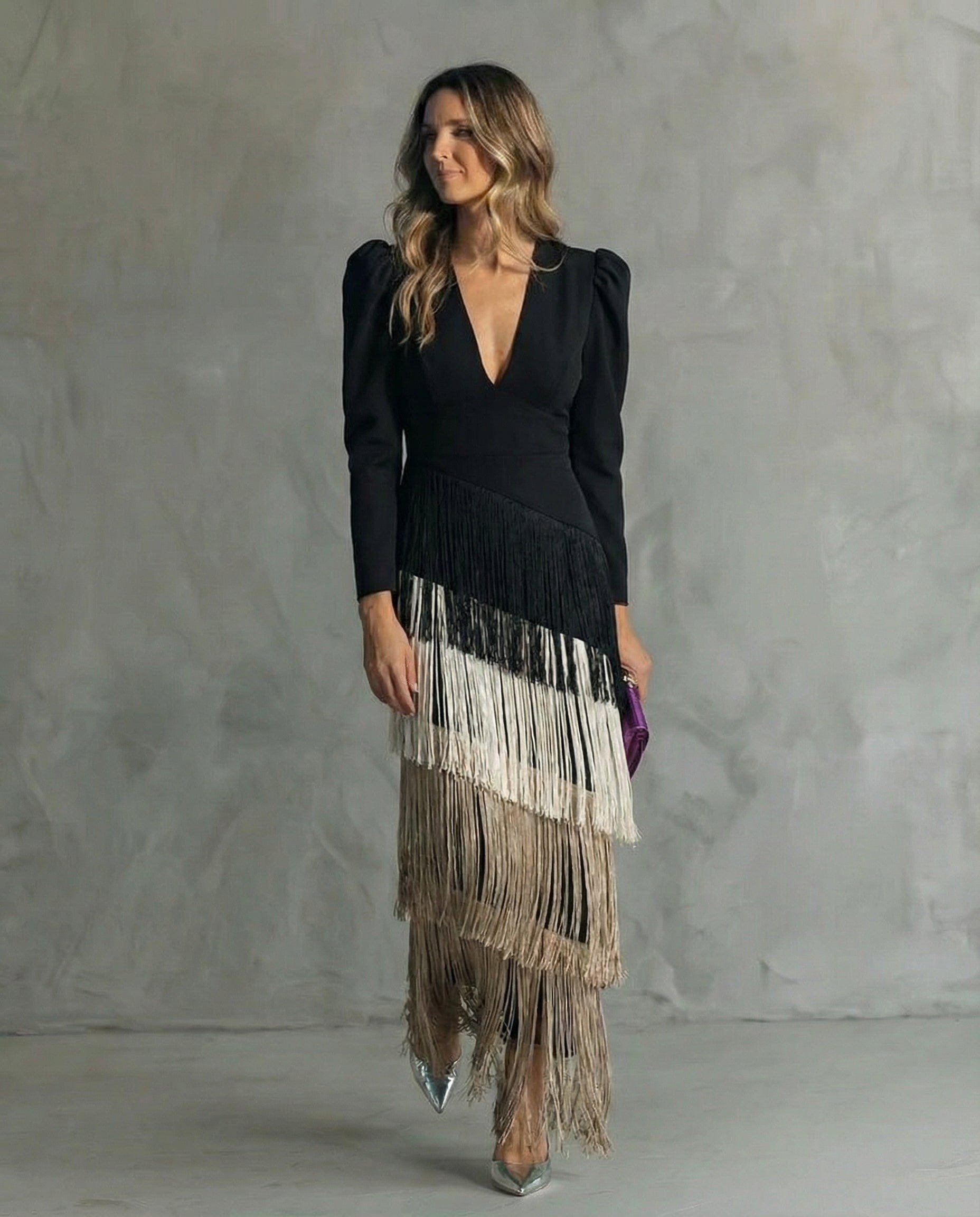 Esmeralda | Deep V Neck Puff Shoulder Long Sleeve Tiered Fringe Elegant Maxi Dress