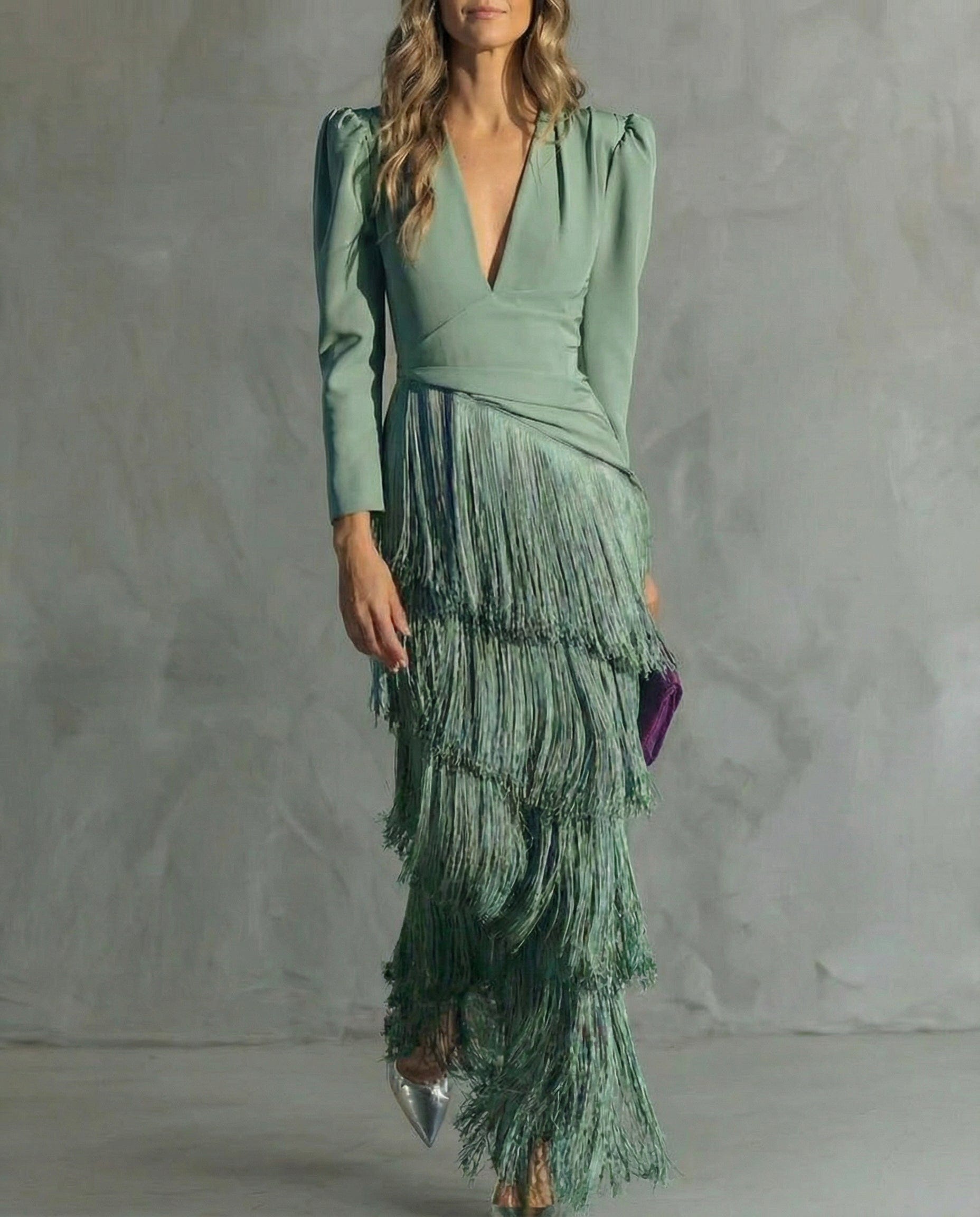 Esmeralda | Deep V Neck Puff Shoulder Long Sleeve Tiered Fringe Elegant Maxi Dress