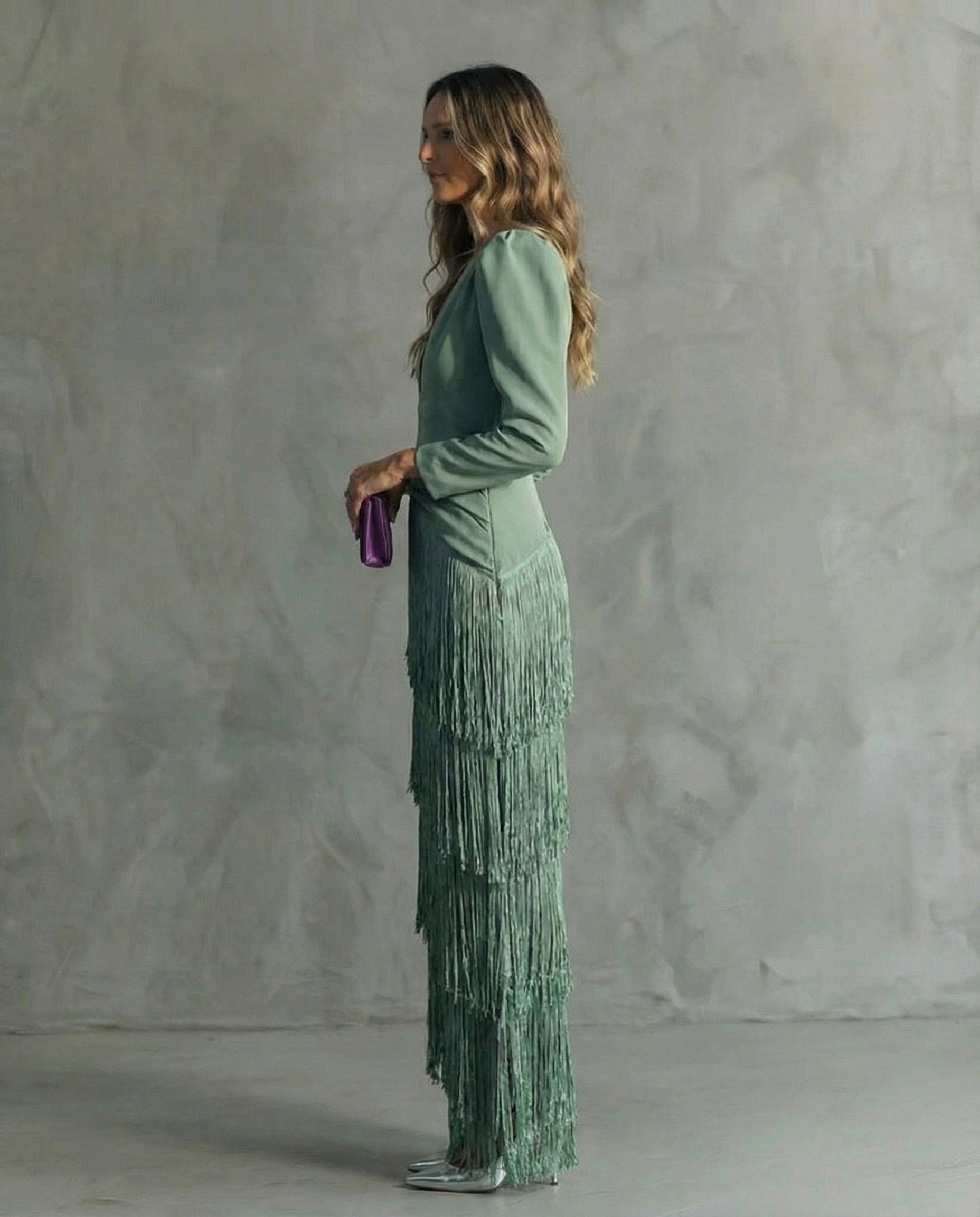 Esmeralda | Deep V Neck Puff Shoulder Long Sleeve Tiered Fringe Elegant Maxi Dress