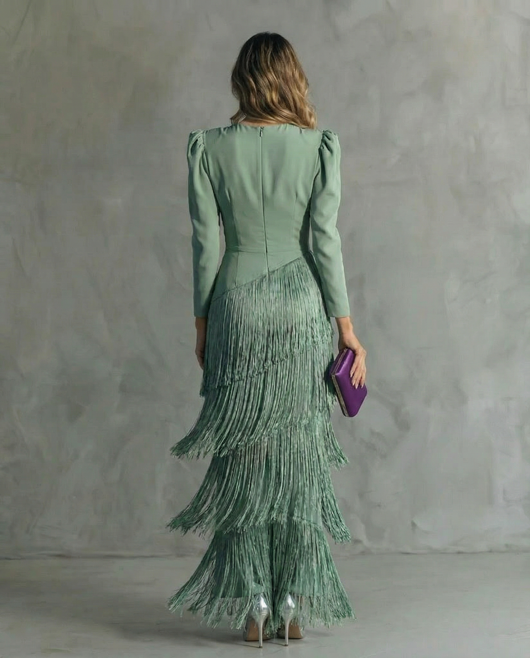 Esmeralda | Deep V Neck Puff Shoulder Long Sleeve Tiered Fringe Elegant Maxi Dress