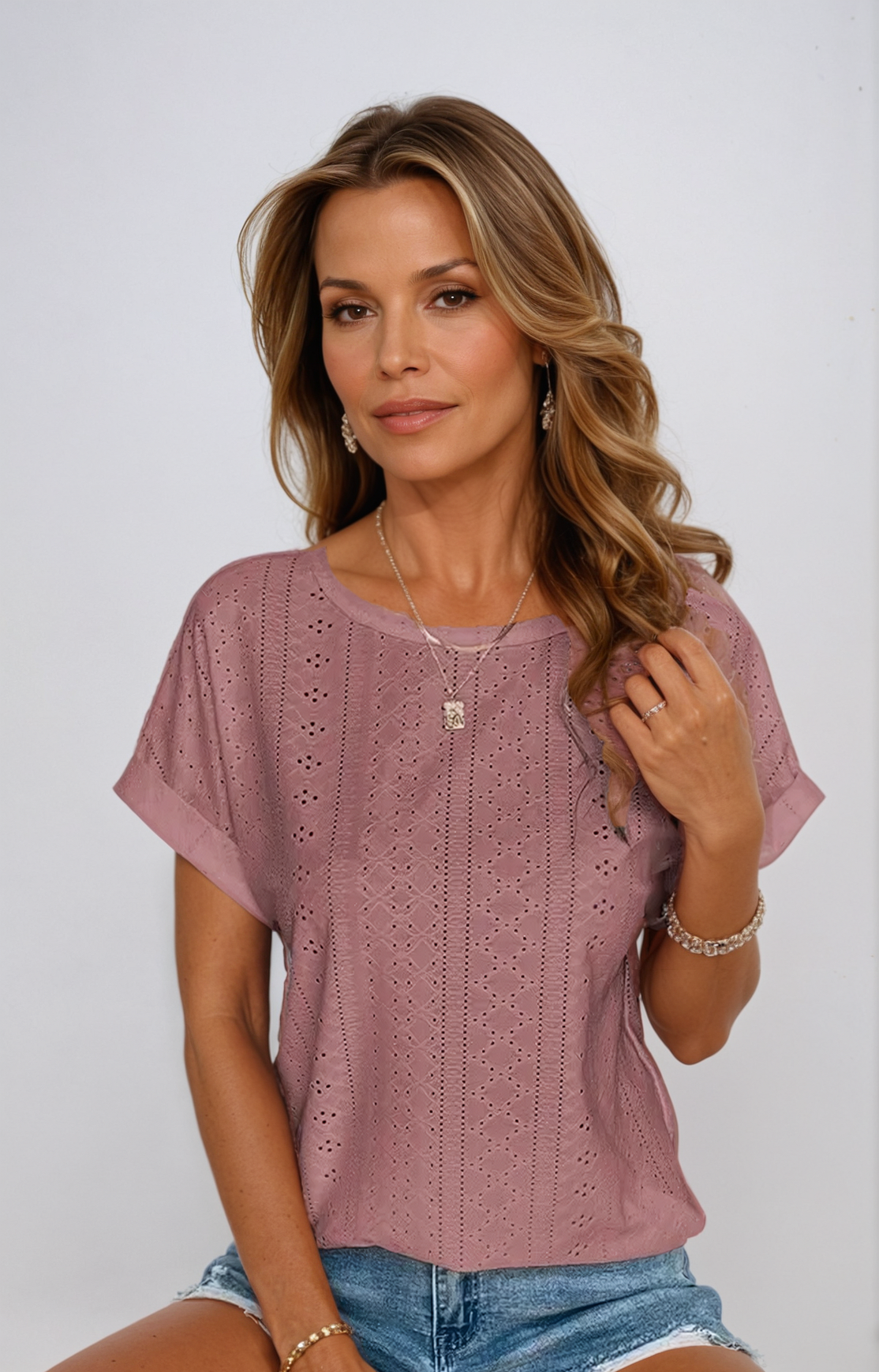 Becky | Eyelet Tops Short Sleeve Oversized Casual Blouses