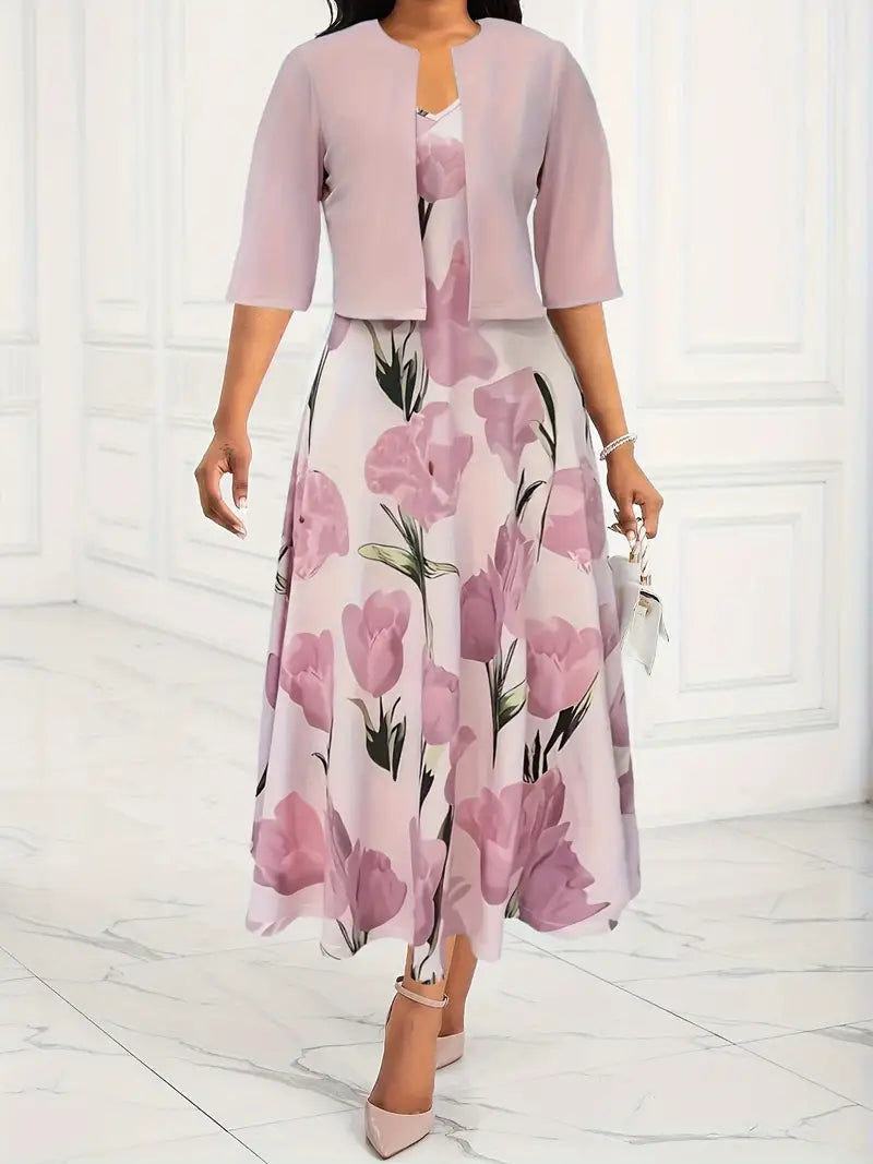 Catherine | Floral Print Sleeveless A Line Maxi Dress With Cropped Jacket Two Piece Set