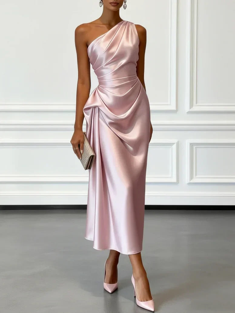 Aurelia | Women's One Shoulder Satin Midi Wedding Guest Dress