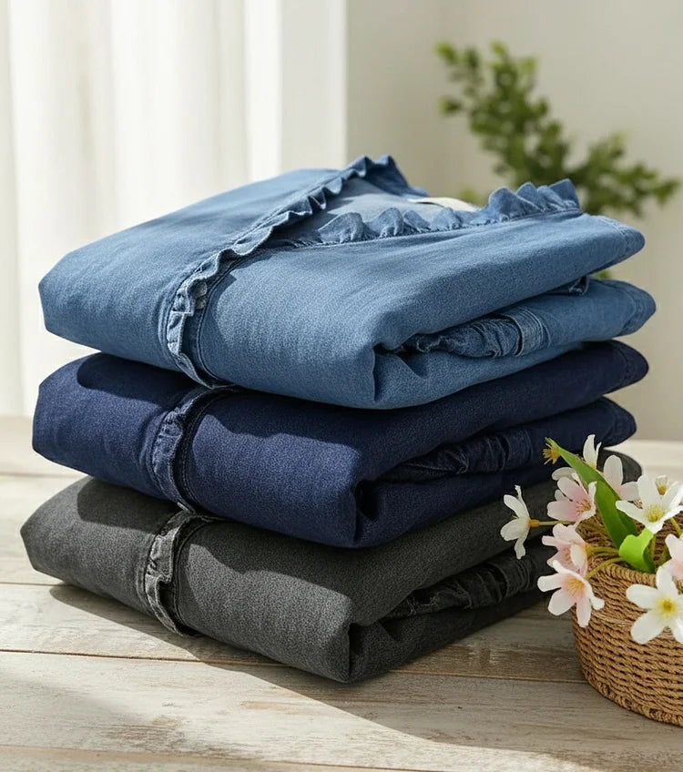 Delyth | Women's Denim V-Neck Ruffled Relaxed Fit Shirt