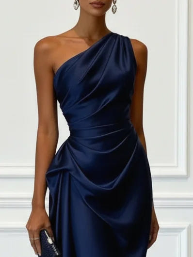 Aurelia | Women's One Shoulder Satin Midi Wedding Guest Dress