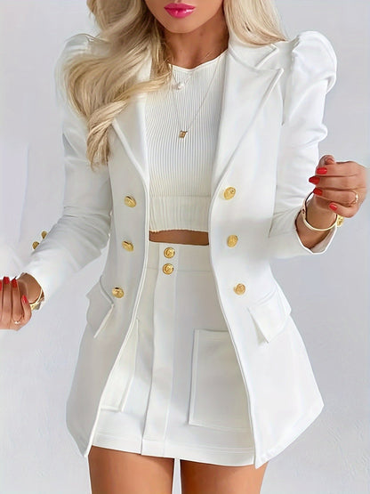 Elodie | Women's Tailored Puff Sleeve Double Breasted Blazer Skirt Two Piece Set