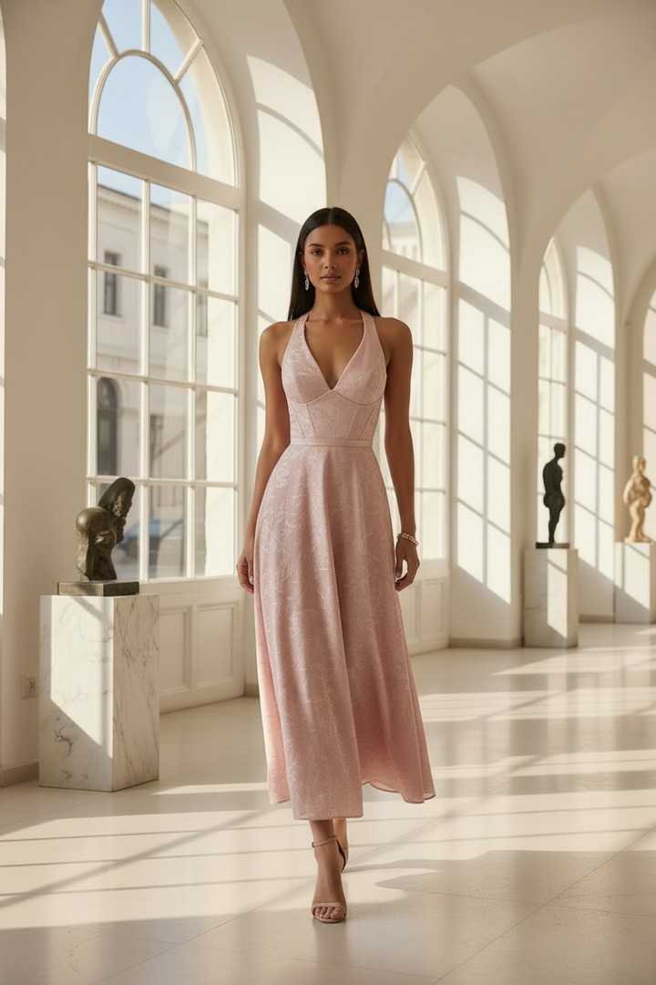 Hailey | Corset Jacquard A-Line Halter Midi Wedding Guest Dress