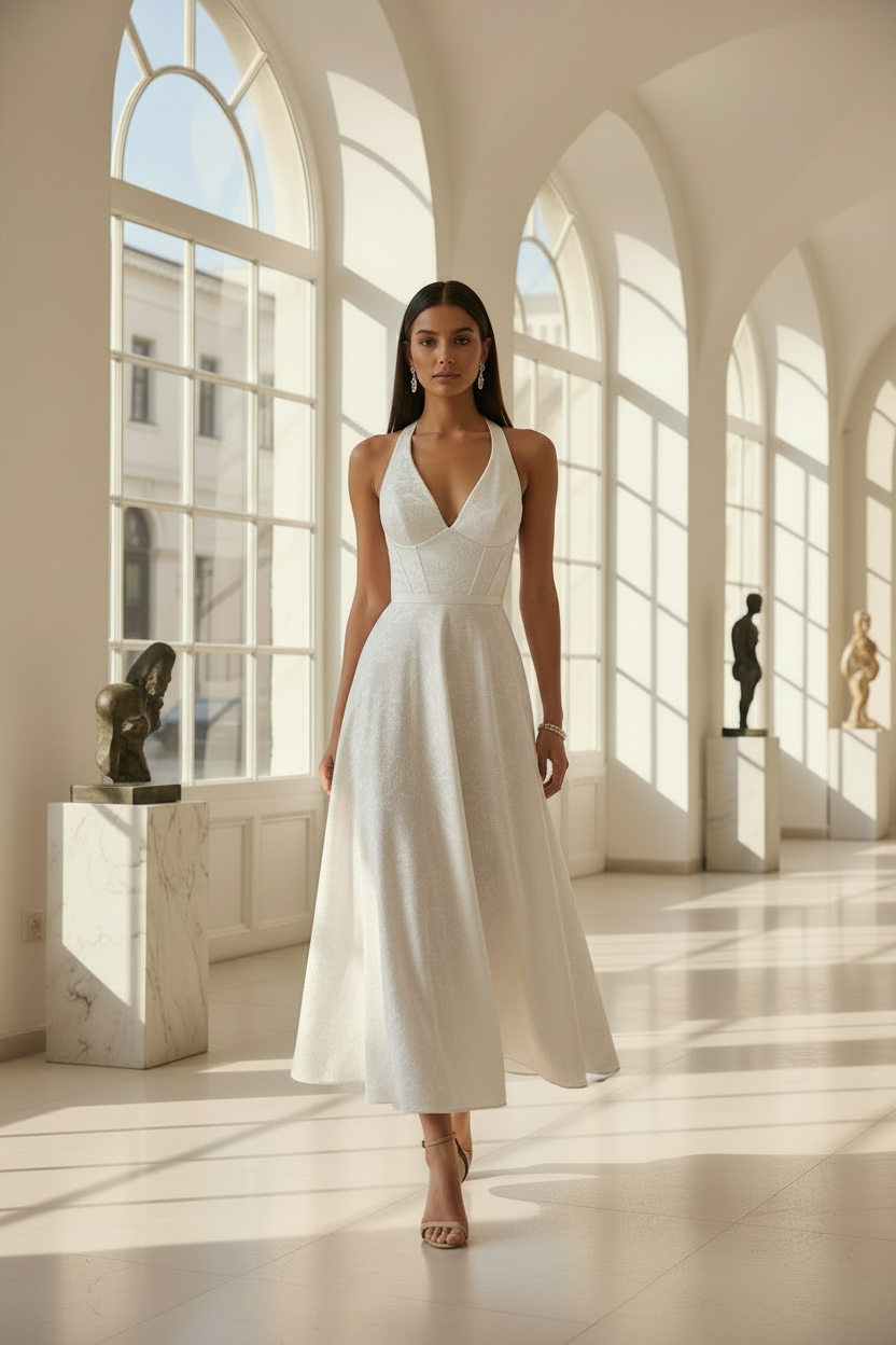 Hailey | Corset Jacquard A-Line Halter Midi Wedding Guest Dress