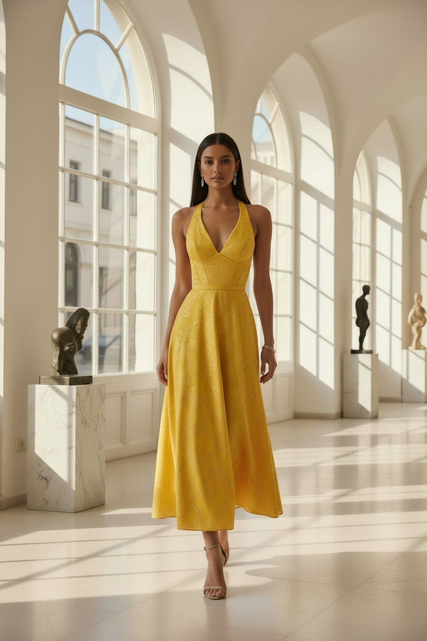 Hailey | Corset Jacquard A-Line Halter Midi Wedding Guest Dress