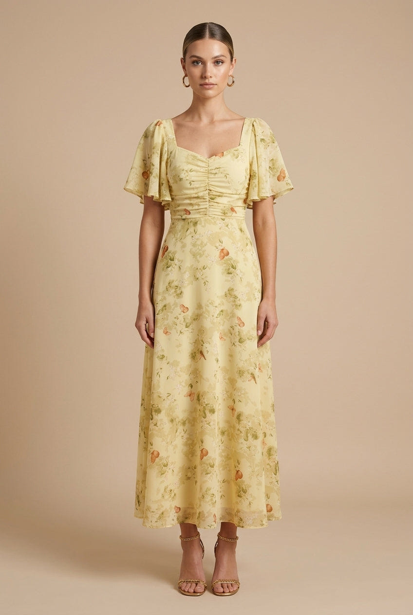 Marigold | Women's Floral Square Neck Flutter Sleeve Maxi Dress