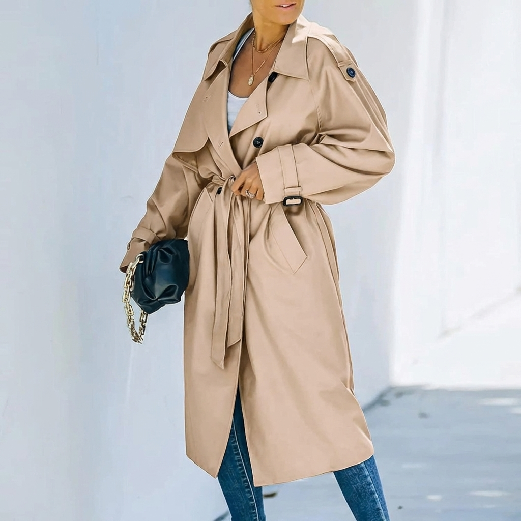Corabelle | Women's Long Belted Trench Coat with Lapel Collar